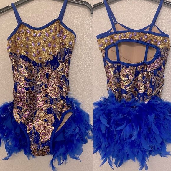 Glamour dance costume solo gold sequin blue feather sassy salsa jazz LC child - Picture 1 of 11